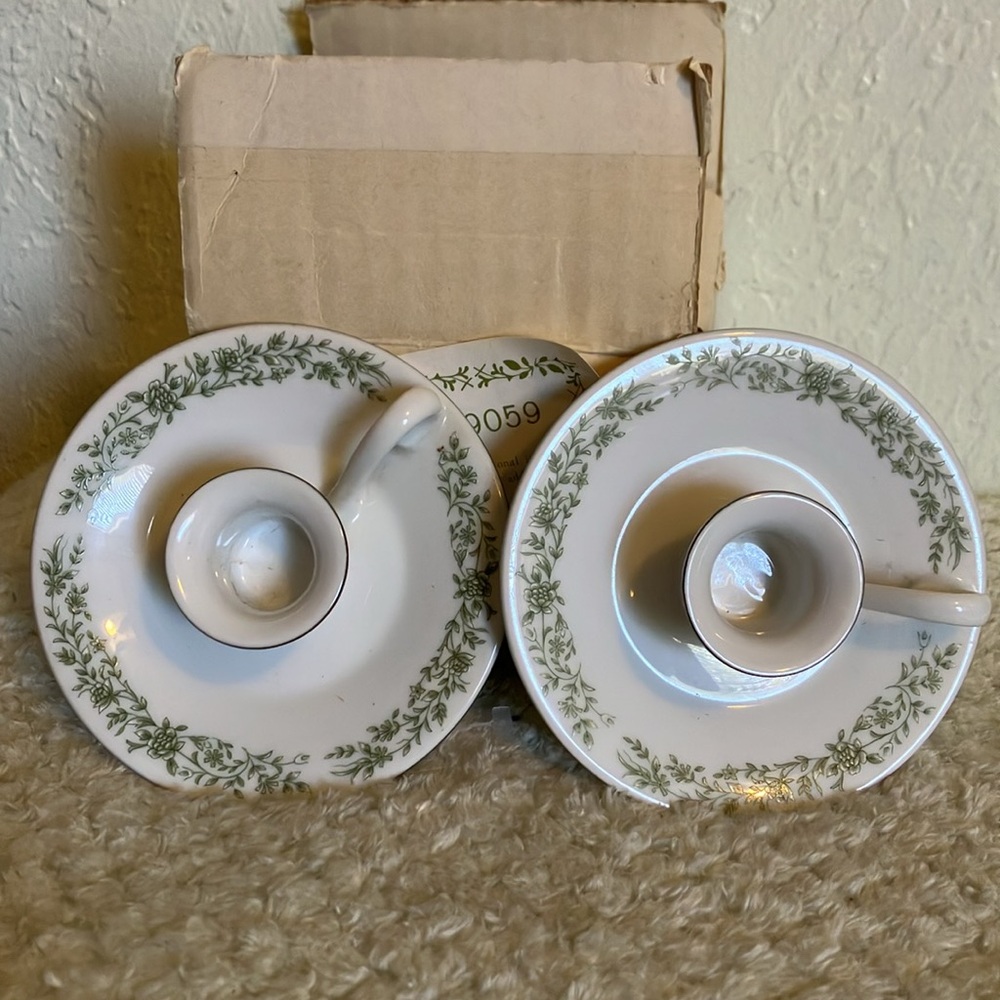 Mikasa Fine China White Green floral Silver accent trim Vintage Candle Holder